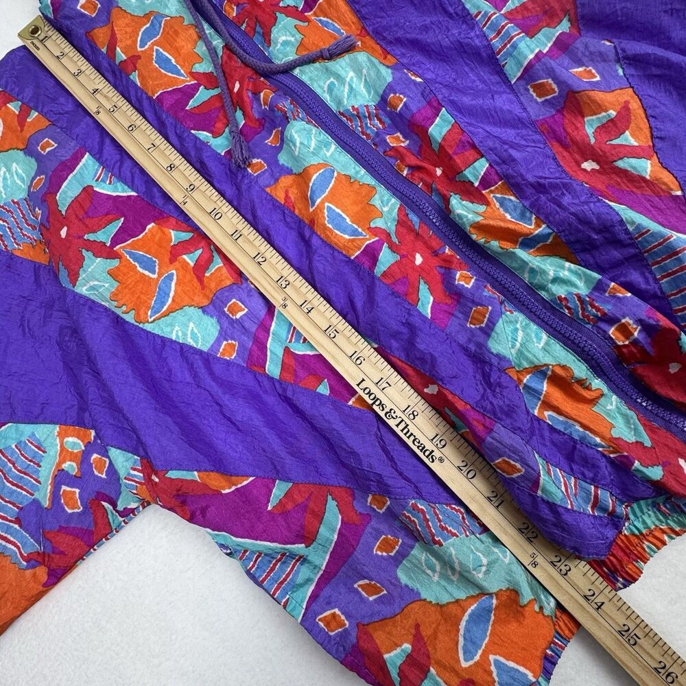 Vintage 80s Womens Track Jacket Medium Purple Colorful Windbreaker Floral Stripe - Picture 15 of 16